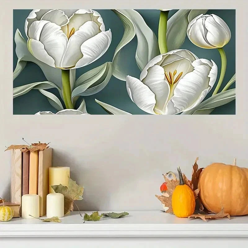 White Tulips With Green Stems Wall Art Canvas Office Home Room Framed 120x60cm