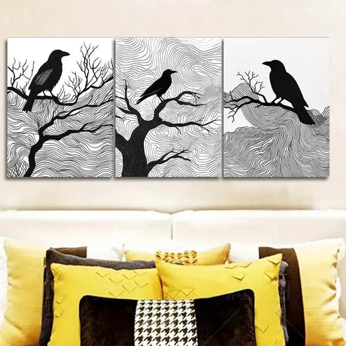 3pcs Black Crow on Tree Branches Wall Art Set Wall Art Canvas Unframed – High Quality Print 100% Australian Made Wall Canvas - Bella Home Decor