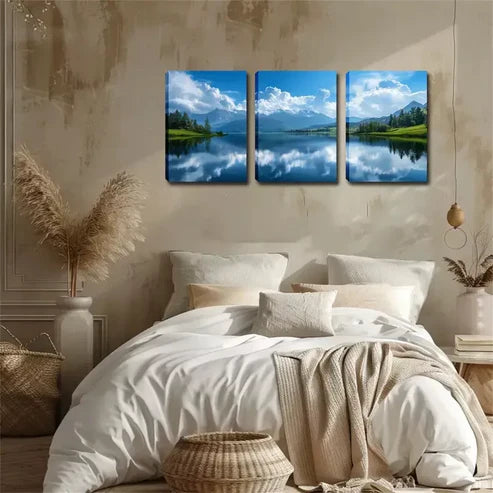 3pcs Sky, White Clouds, Lake Wall Art Canvas Unframed - High Quality Print 100% Australian Made Wall Canvas