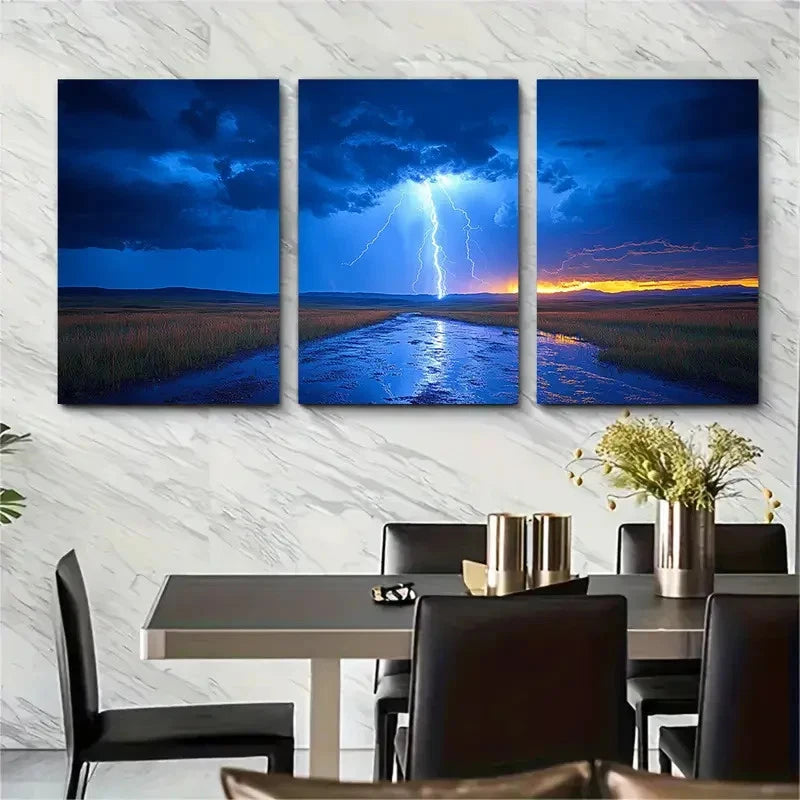 3pcs Dramatic Lightning Stormy Blue SkyG Wall Art Set Canvas Framed 40x60cm - High Quality Print 100% Australian Made Wall Canvas Ready to Hang - Bella Home Decor