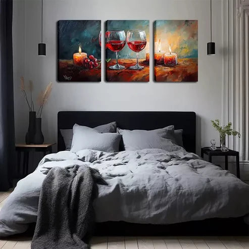 3pcs Two Glasses Of Red Wine And Candles Wall Art Canvas Unframed - High Quality Print 100% Australian Made Wall Canvas