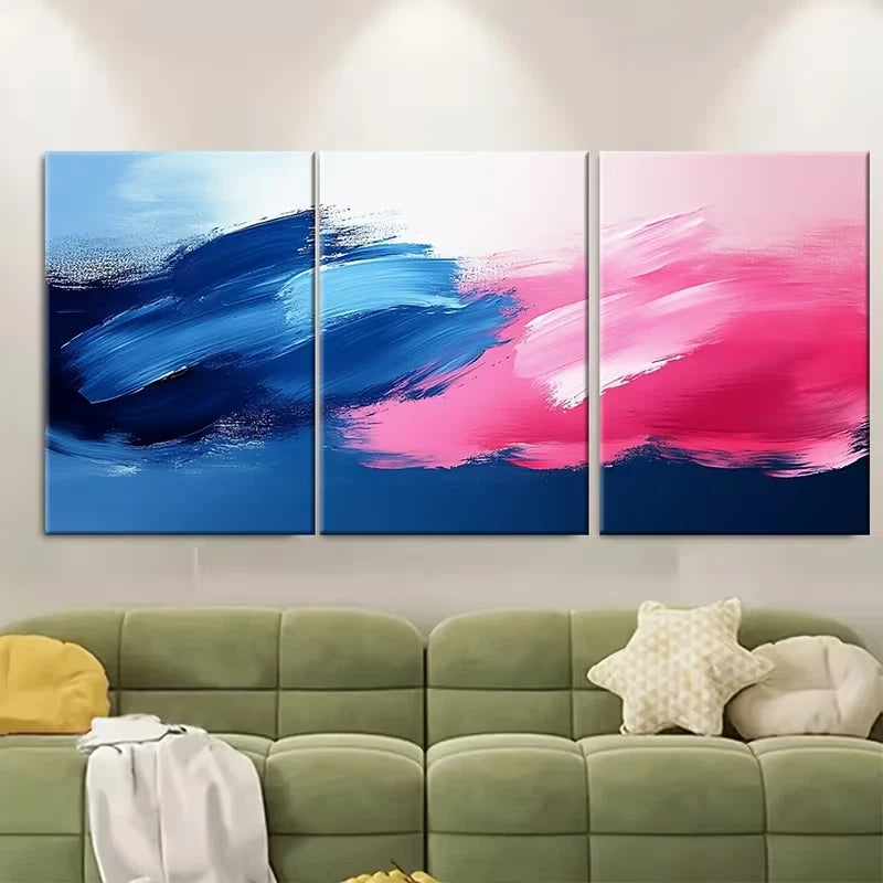 3pcs Abstract Blue Pink Brushstroke Metal Print Ready to Hang Art