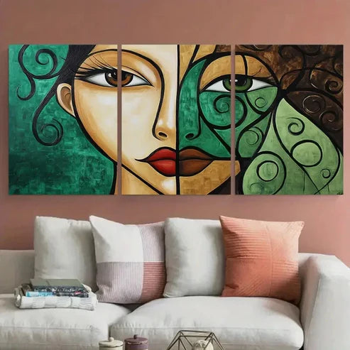 3pcs Brown And Green Woman Painting Woman Face Wall Art Set Canvas Unframed - High Quality Print 100% Australian Made Wall Canvas - Bella Home Decor