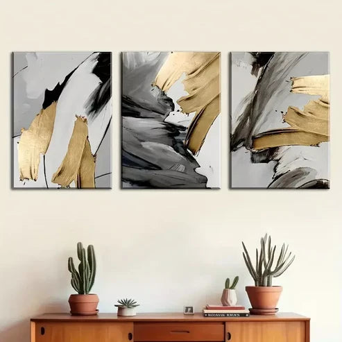 3pcs Featuring Golden Abstract Light Luxury Wall Art Canvas Unframed - High Quality Print 100% Australian Made Wall Canvas