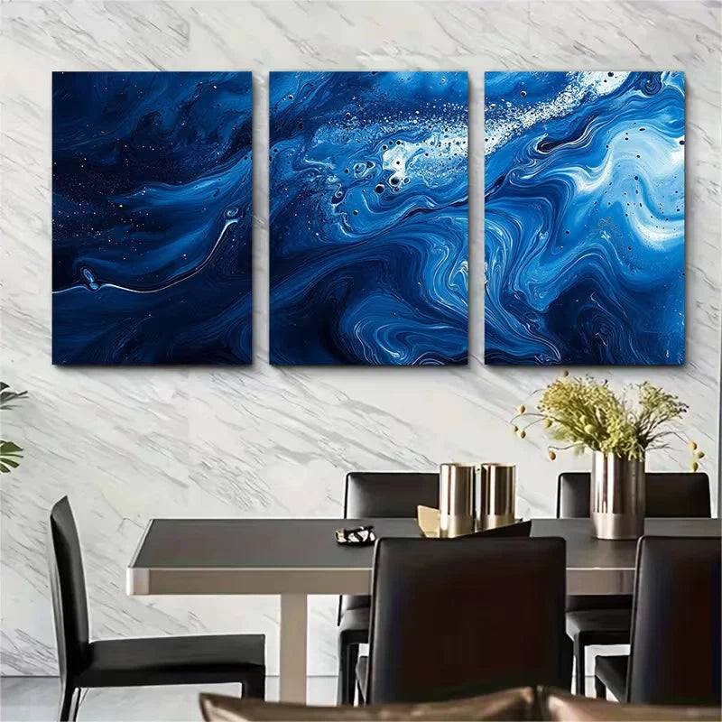 3pcs Blue Vivid Abstract Splash Paint Design Metal Print Ready to Hang Art