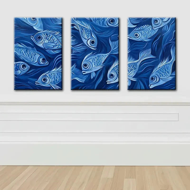 3pcs Vibrant School of Fish Wall Art Set Canvas Framed 50x70cm - High Quality Print 100% Australian Made Wall Canvas Ready to Hang