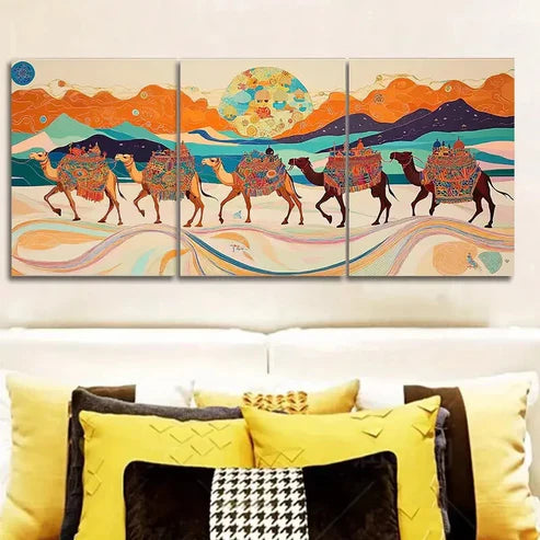 3pcs Painting A Caravan of Camels Wall Art Canvas Unframed - High Quality Print 100% Australian Made Wall Canvas