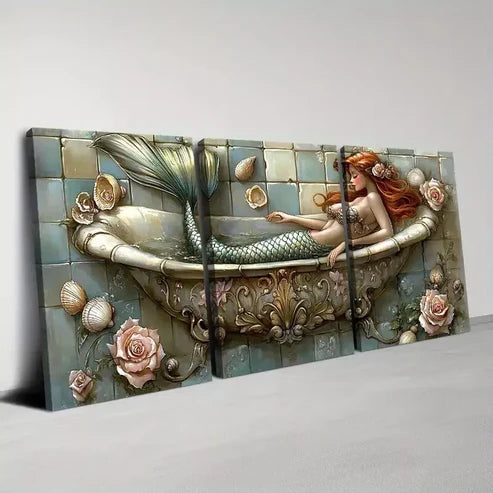 3pcs Retro Mermaid with Shells Floral & Bathtub Wall Art Canvas Unframed - High Quality Print 100% Australian Made Wall Canvas