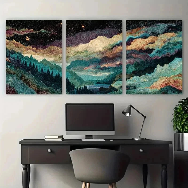 3pcs Starry Night Sky & Mountain Range Perfect Wall Art Set Canvas Framed 50x70cm - High Quality Print 100% Australian Made Wall Canvas Ready to Hang