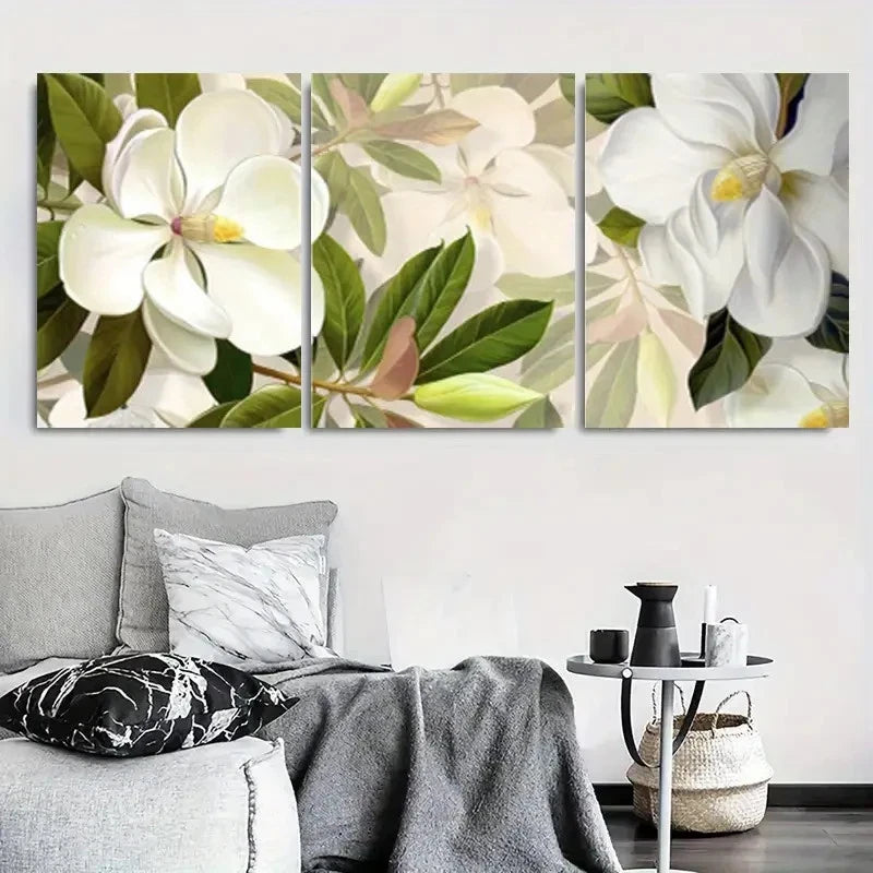 3pcs White Magnolia Bloom Botanical Wall Art Set Canvas Framed 60x90cm - High Quality Print 100% Australian Made Wall Canvas Ready to Hang