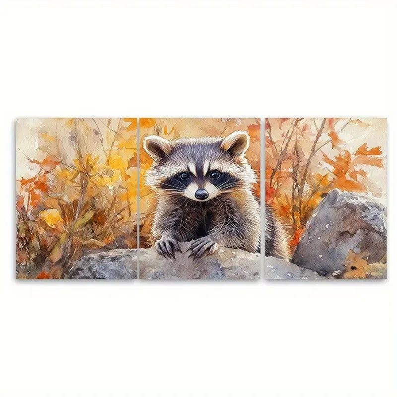 3pcs Raccoon Watercolour Animal Illustration Wall Art Set Canvas Framed 50x70cm - High Quality Print 100% Australian Made Wall Canvas Ready to Hang