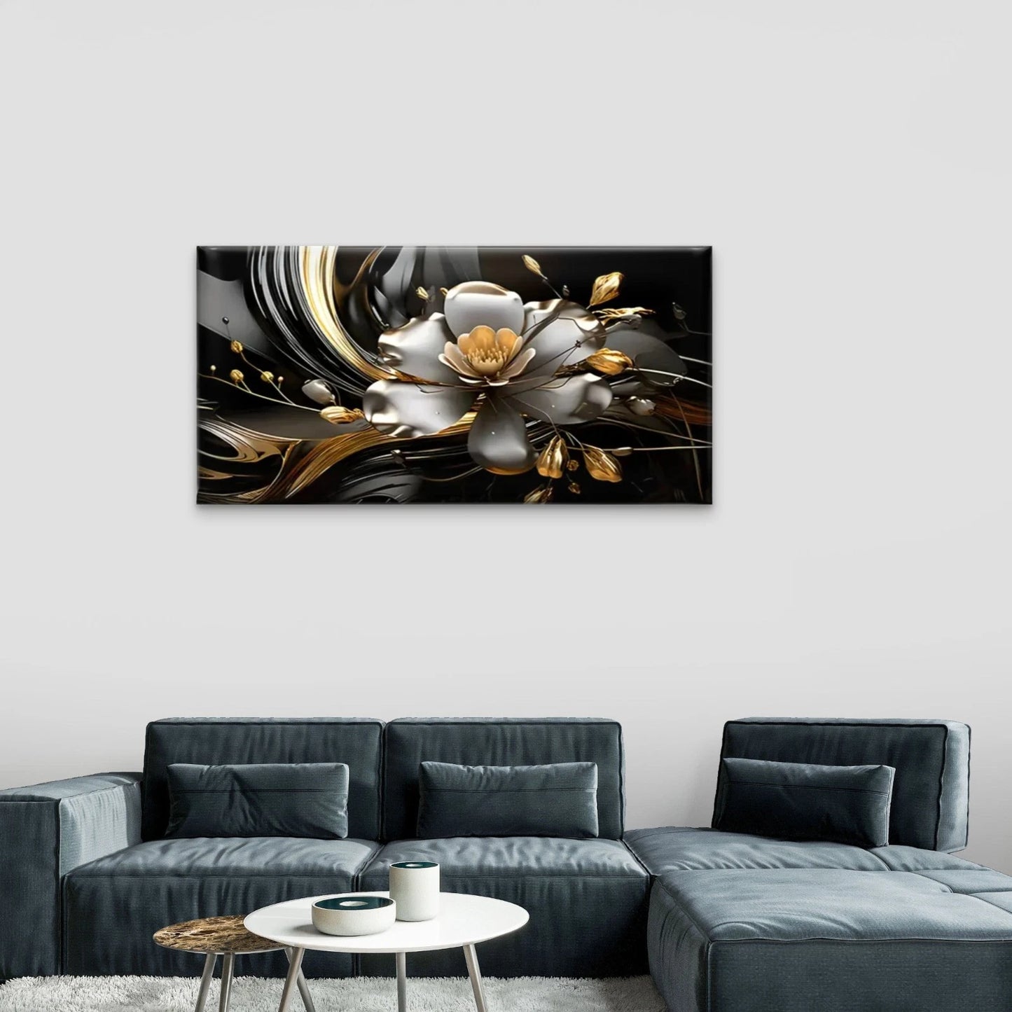 Golden White Flowers Abstract Wall Art Canvas Office Home Room Framed 120x60cm