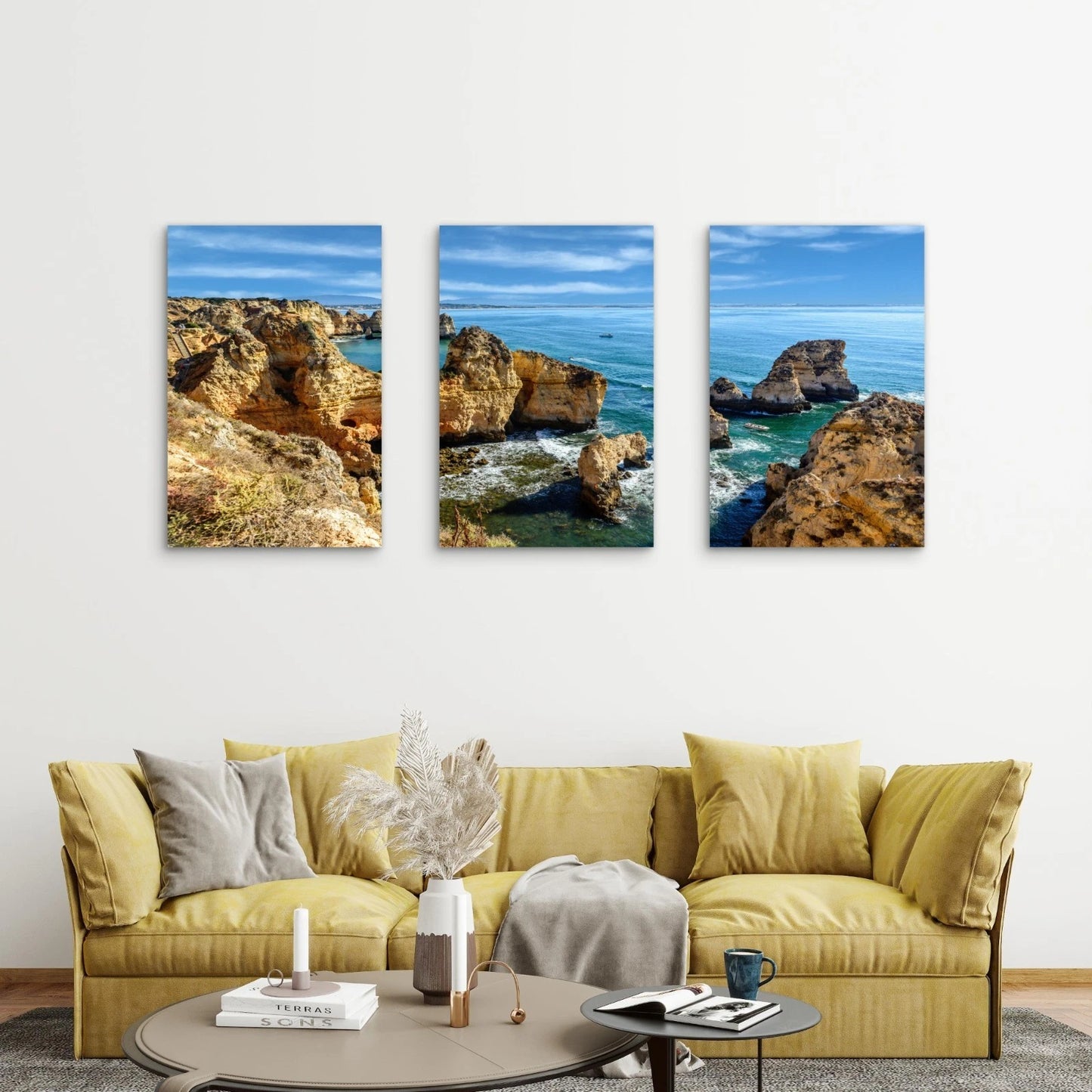 3pcs Sandstone Cliffs Deep Blue Ocean Wall Art Set Canvas Framed 40x60cm - High Quality Print 100% Australian Made Wall Canvas Ready to Hang