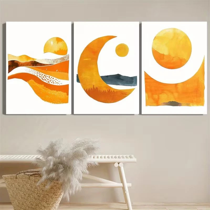 3pcs Abstract Mountains Sunset Amber Landscape Metal Print Ready to Hang Art