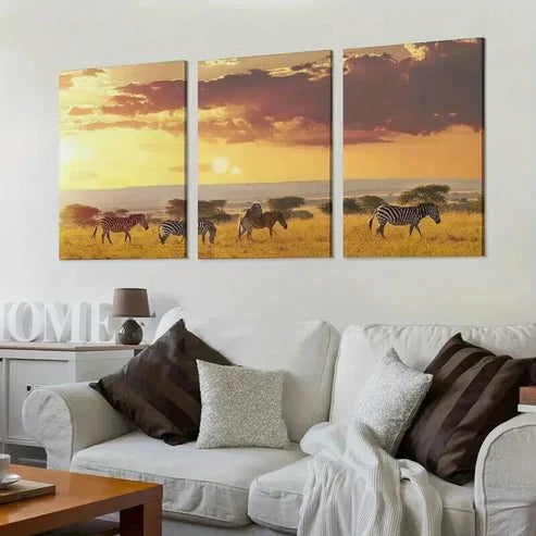 3pcs African Savannah Sunset Zebra Landscape Wall Art Set Canvas Unframed - High Quality Print 100% Australian Made Wall Canvas - Bella Home Decor
