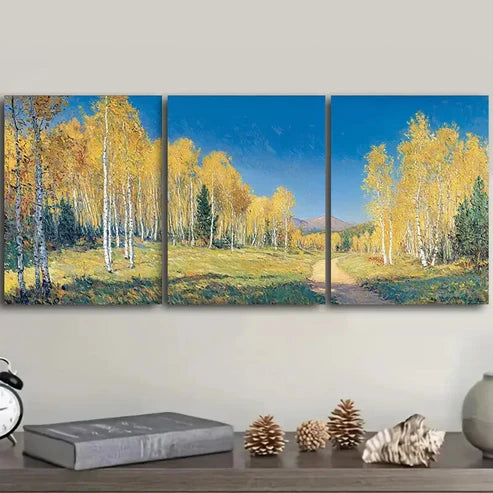 3pcs Autumn Birch Forest Scene With Trees Wall Art Set Canvas Unframed - High Quality Print 100% Australian Made Wall Canvas - Bella Home Decor