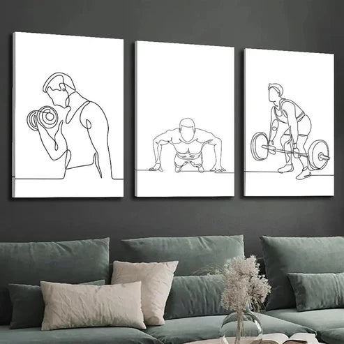3pcs Weightlifters Push-ups Black and White Wall Art Canvas Unframed - High Quality Print 100% Australian Made Wall Canvas
