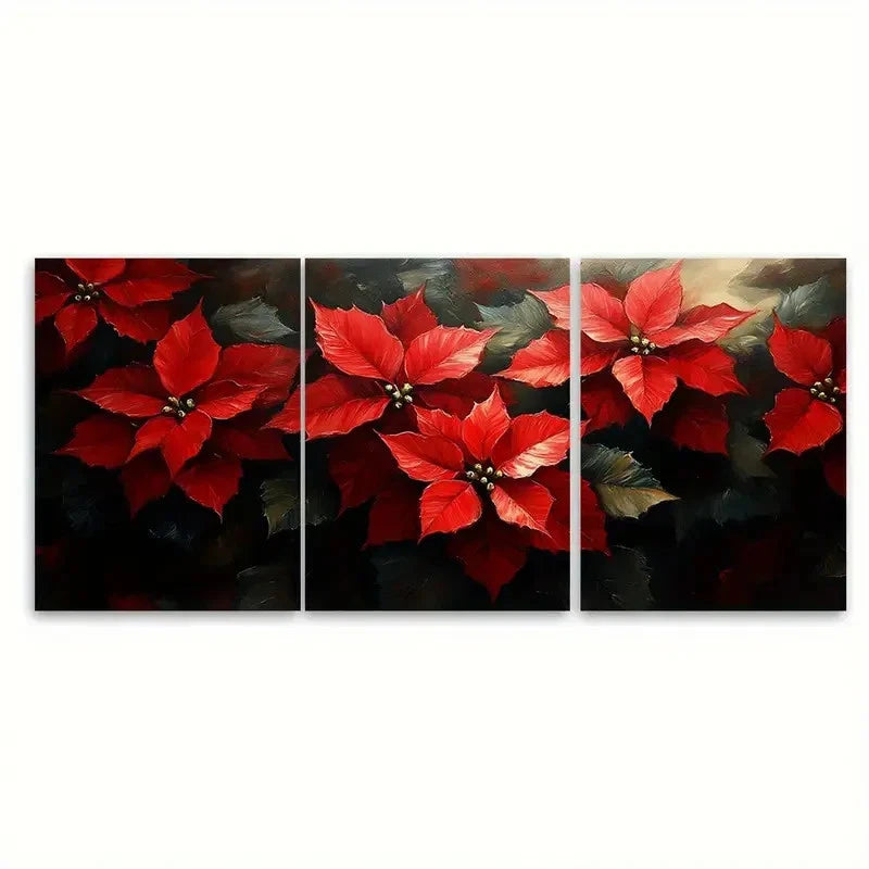3pcs Poinsettia Flowers Impasto Design Wall Art Set Canvas Framed 50x70cm - High Quality Print 100% Australian Made Wall Canvas Ready to Hang