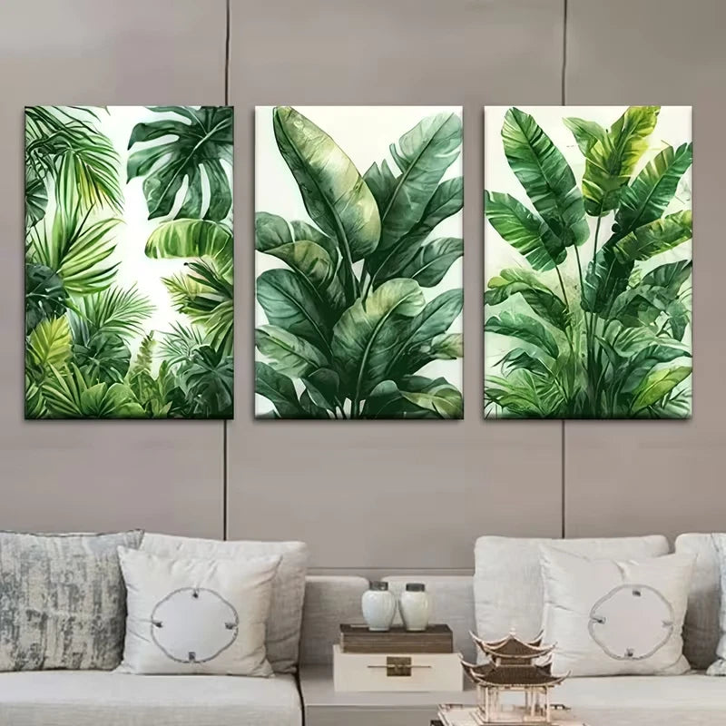 3pcs Green Palm Leaf Paintings Metal Print Ready to Hang Art