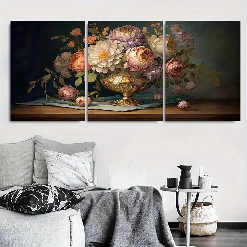 3pcs Vintage Peony Bouquet Oil Painting Wall Art Set Canvas Framed 60x90cm - High Quality Print 100% Australian Made Wall Canvas Ready to Hang - Bella Home Decor