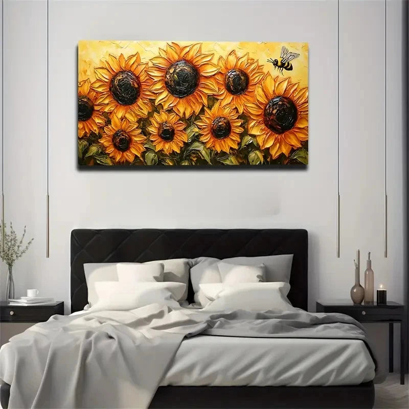 Large Sunflower And Bee Wall Art Canvas Office Home Room Framed 120x60cm