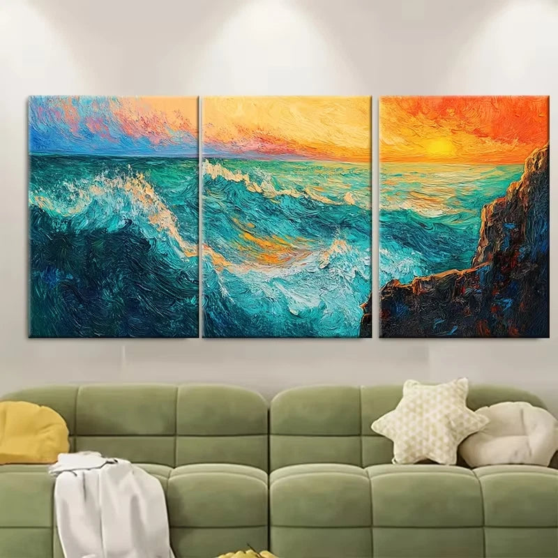 3pcs Ocean Sunset with Bold Brushwork Metal Print Ready to Hang Art
