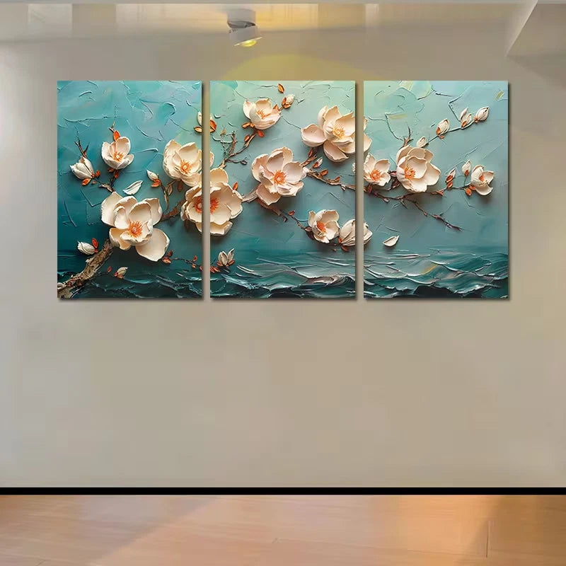 3pcs Texture of Magnolia Flowers Painting Wall Art Set Canvas Framed 50x70cm - High Quality Print 100% Australian Made Wall Canvas Ready to Hang