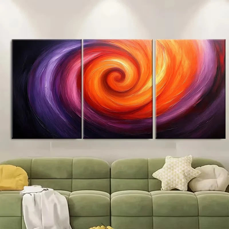 3pcs Abstract Swirling Vibrant Orange and Purple Metal Print Ready to Hang Art