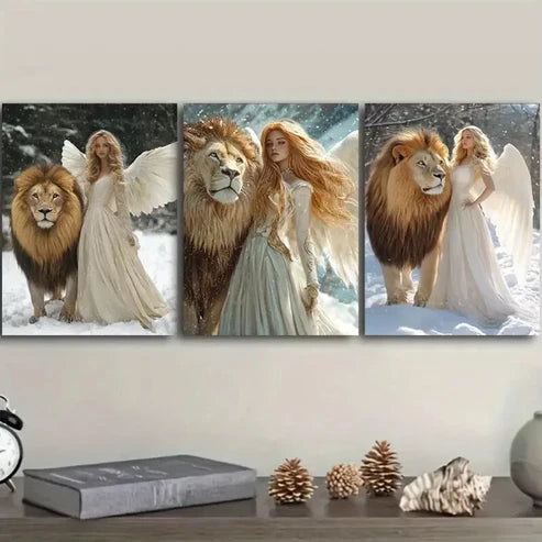 3pcs The girl and the lion in the snow Wall Art Set Canvas Unframed - High Quality Print 100% Australian Made Wall Canvas