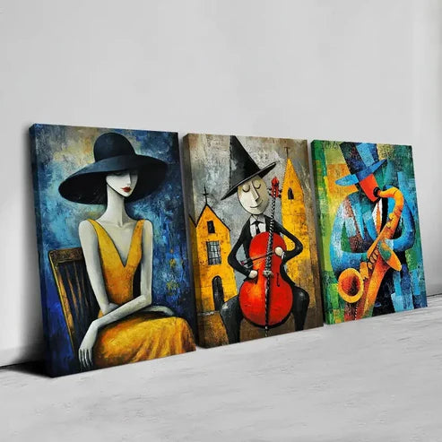 3pcs Vibrant Woman, Guitarist, and Colorful Wall Art Canvas Unframed - High Quality Print 100% Australian Made Wall Canvas