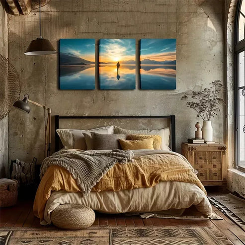 3pcs A Person On The Lake Wall Art Canvas Unframed - High Quality Print 100% Australian Made Wall Canvas - Bella Home Decor