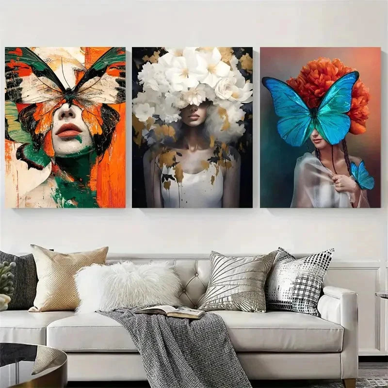 3pcs Vibrant Butterfly Lady Abstract Floral Wall Art Set Canvas Framed 60x90cm - High Quality Print 100% Australian Made Wall Canvas Ready to Hang