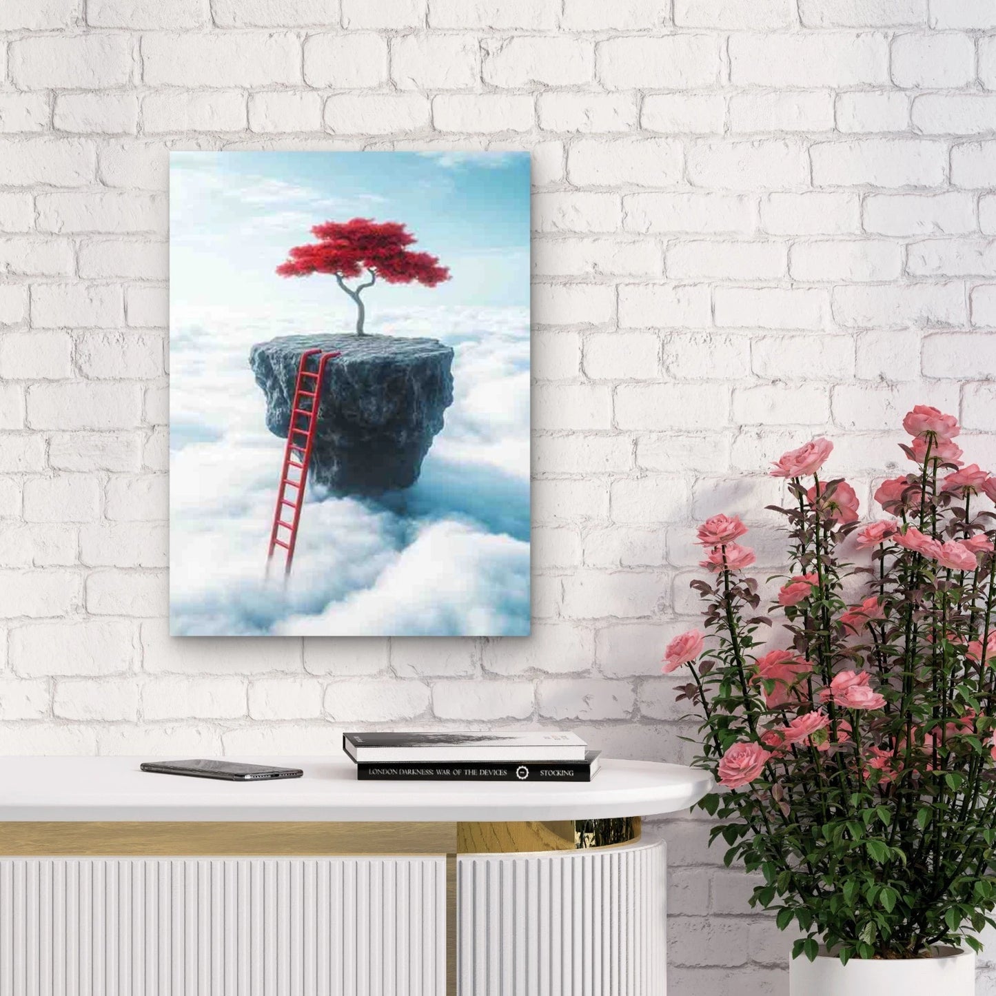 Red Ladder to Cloud Island Fantasy 40x60cm Metal Print Ready to Hang