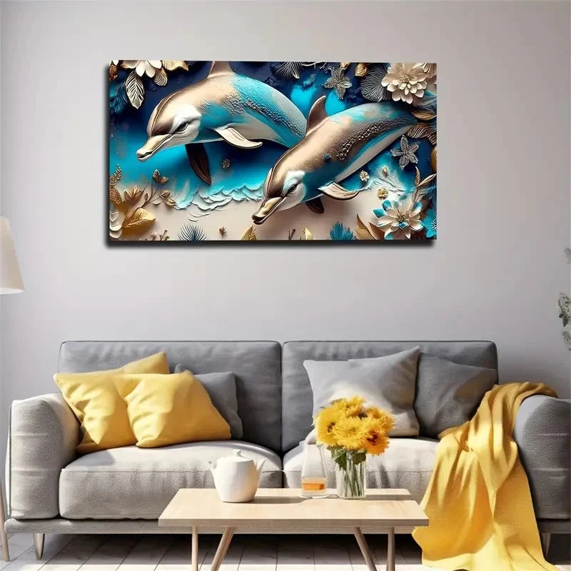 A Pair Of Dolphins Wall Art Canvas Office Home Room Framed 120x60cm