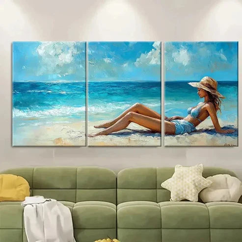 3pcs Lady Relaxing on Beach Wall Art Set Canvas Unframed – High Quality Print 100% Australian Made Wall Canvas - Bella Home Decor