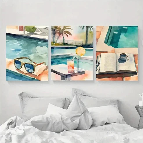 3pcs Swimming Pool Roostertail Wall Art Canvas Unframed - High Quality Print 100% Australian Made Wall Canvas
