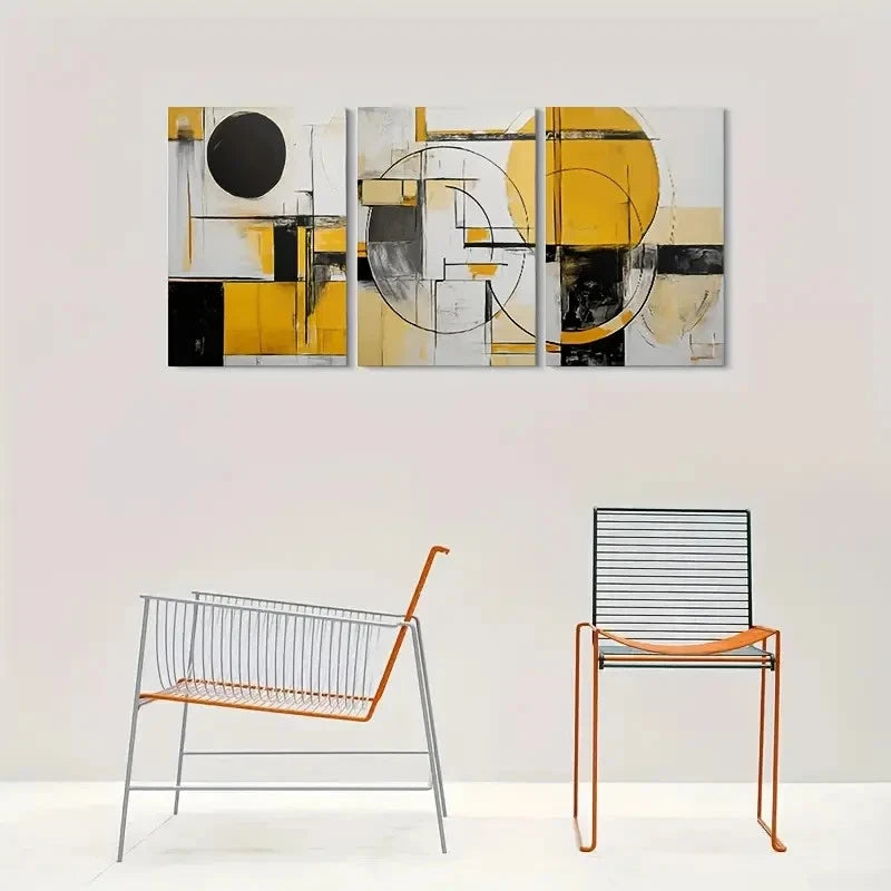 3pcs Geometric Yellow Black & White Wall Art Set Canvas Framed 40x60cm - High Quality Print 100% Australian Made Wall Canvas Ready to Hang