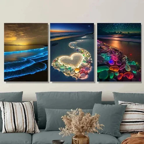 3pcs Vibrant Beach Scenes with Heart Accents Wall Art Set Canvas Unframed - High Quality Print 100% Australian Made Wall Canvas