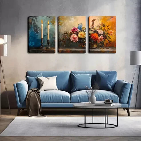 3pcs Picture, Two Slender Candles And Flowers Wall Art Canvas Unframed - High Quality Print 100% Australian Made Wall Canvas