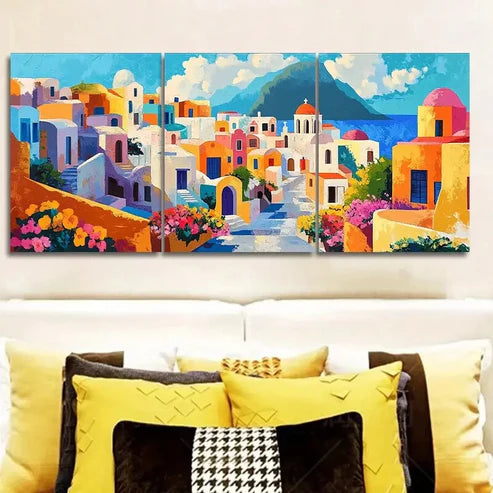 3pcs Greek island style town Wall Art Set Canvas Unframed - High Quality Print 100% Australian Made Wall Canvas