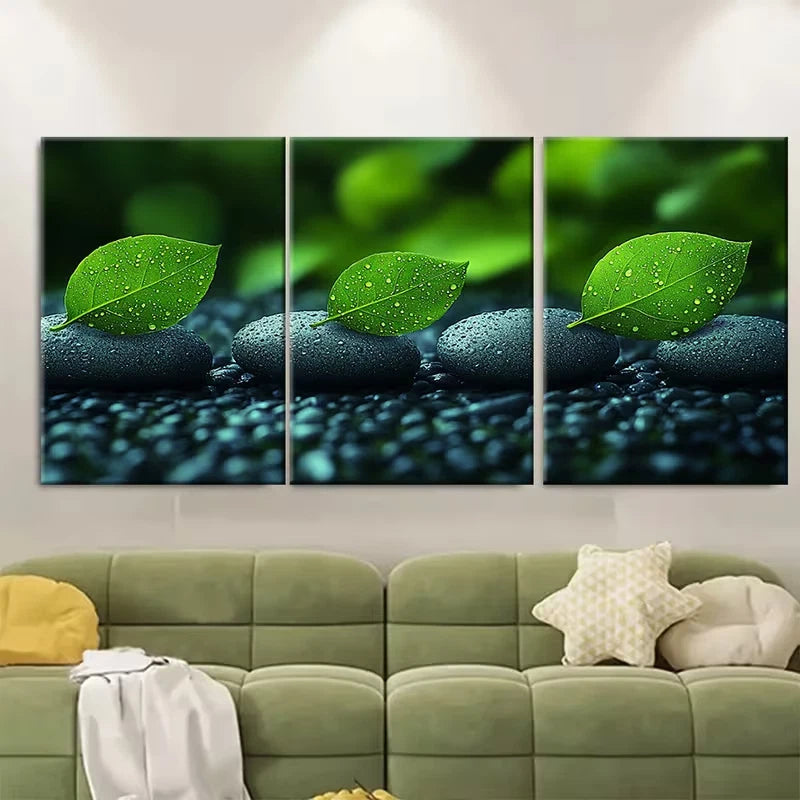 3pcs Tranquil Green Leaves and Zen Stones Spa Metal Print Ready to Hang Art