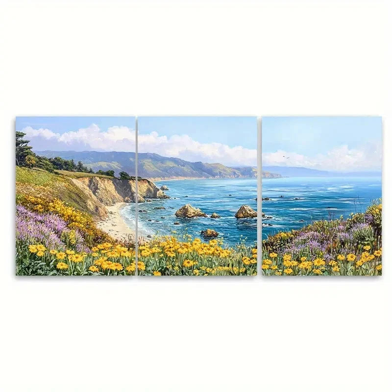 3pcs Big Sur Wildflowers Coastal Ocean Landscape Wall Art Set Canvas Framed 40x60cm - High Quality Print 100% Australian Made Wall Canvas Ready to Hang - Bella Home Decor