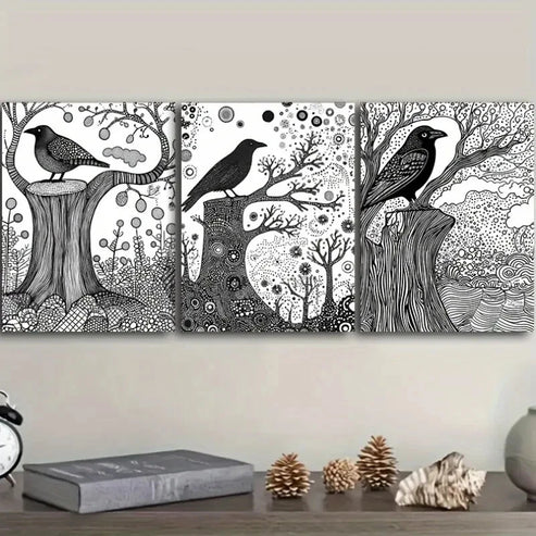 3pcs Black & White Nature Scene Intricate Tree Wall Art Set Canvas Unframed - High Quality Print 100% Australian Made Wall Canvas - Bella Home Decor
