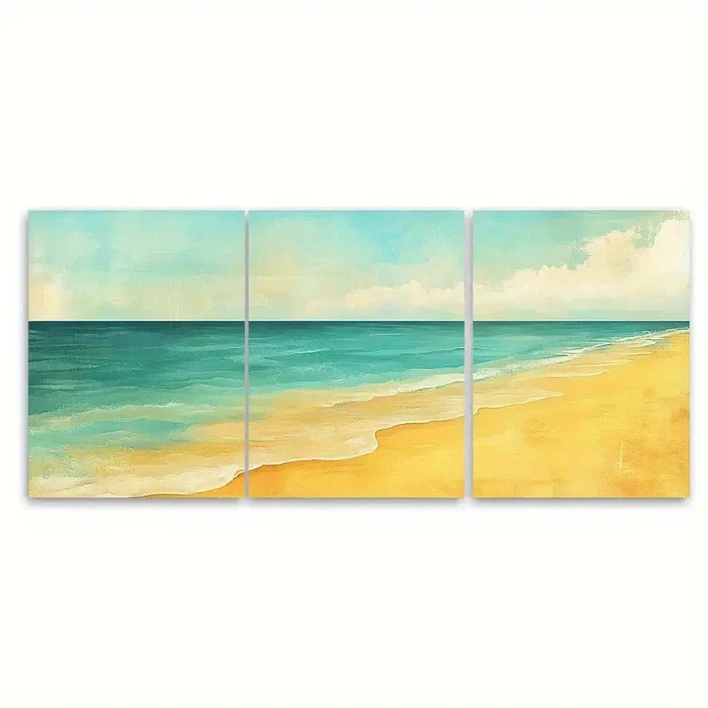 3pcs Muted Turquoise and Naples Yellow Beach Wall Art Set Canvas Framed 60x90cm - High Quality Print 100% Australian Made Wall Canvas Ready to Hang