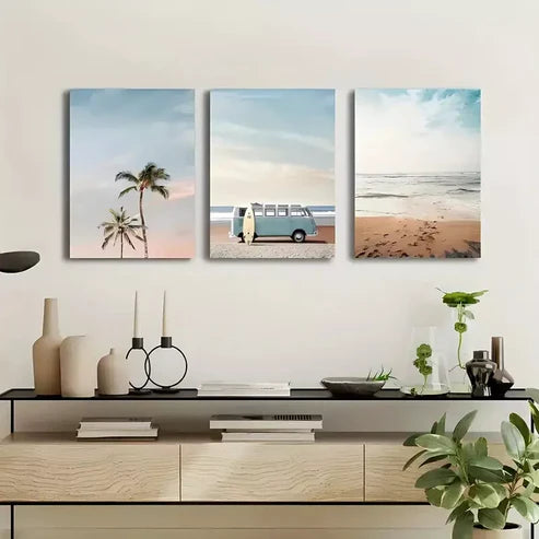 3pcs Bohemian Chic Summer Sea, Van and Beach Wall Art Set Wall Art Canvas Unframed - High Quality Print 100% Australian Made Wall Canvas - Bella Home Decor
