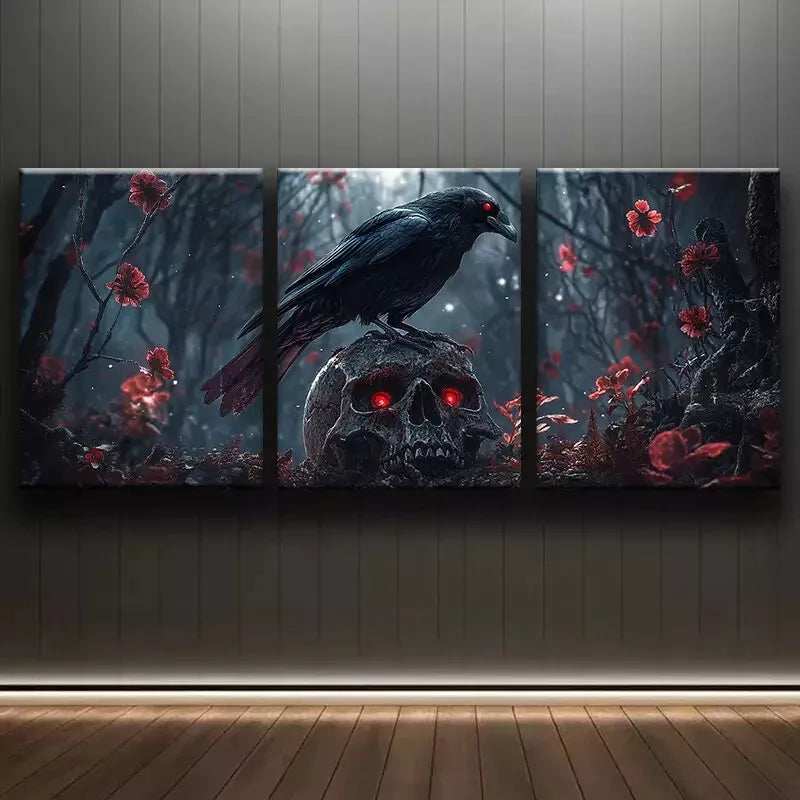3pcs Raven skull Wall Art Set Canvas Framed 50x70cm - High Quality Print 100% Australian Made Wall Canvas Ready to Hang