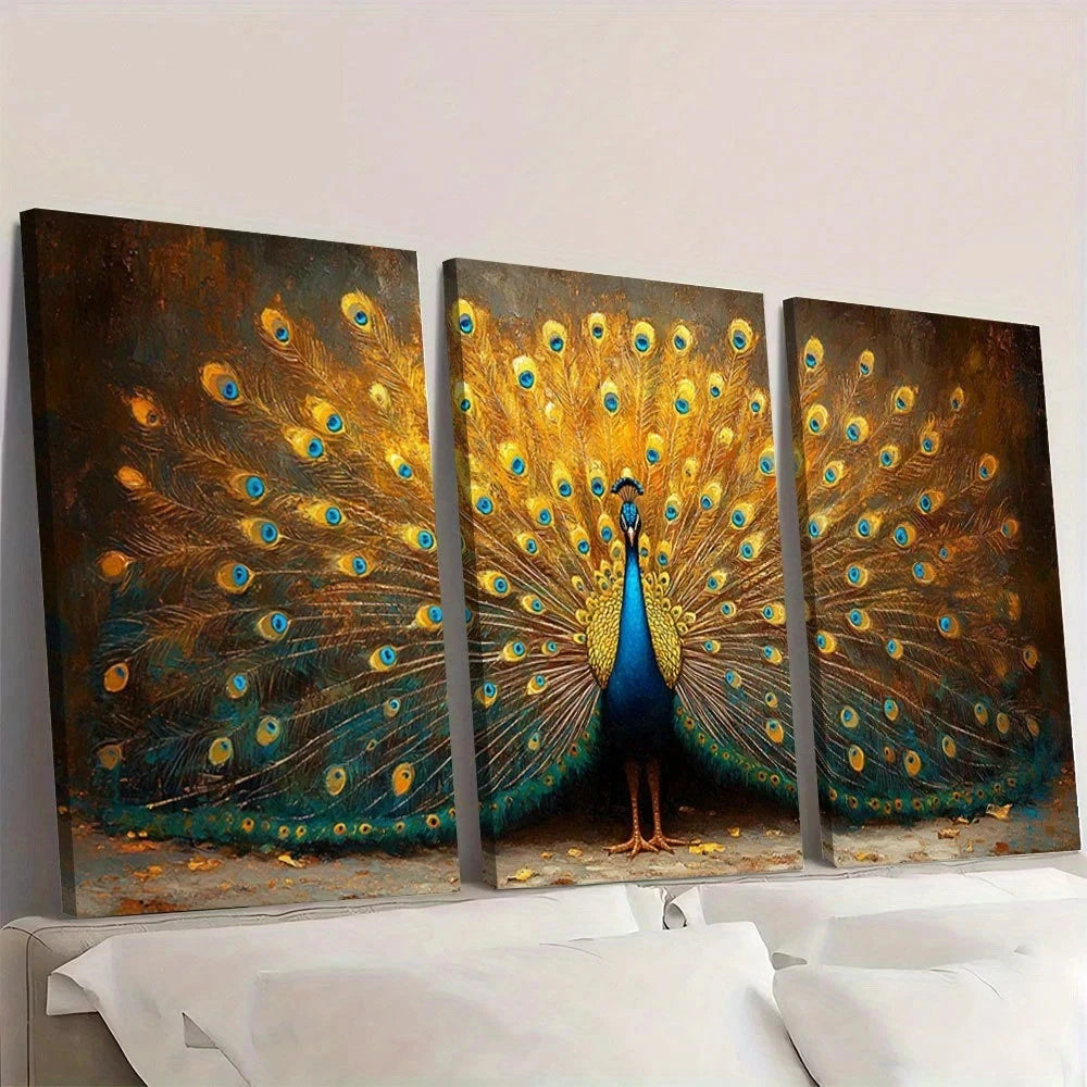 3pcs Vintage Peacock Golden & Blue Wall Art Set Canvas Framed 50x70cm - High Quality Print 100% Australian Made Wall Canvas Ready to Hang - Bella Home Decor