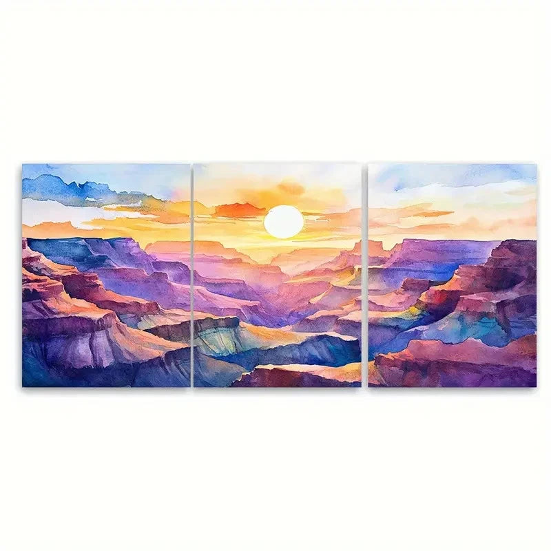 3pcs Radiant Canyon Sunset Watercolor Painting Wall Art Set Canvas Framed 60x90cm - High Quality Print 100% Australian Made Wall Canvas Ready to Hang