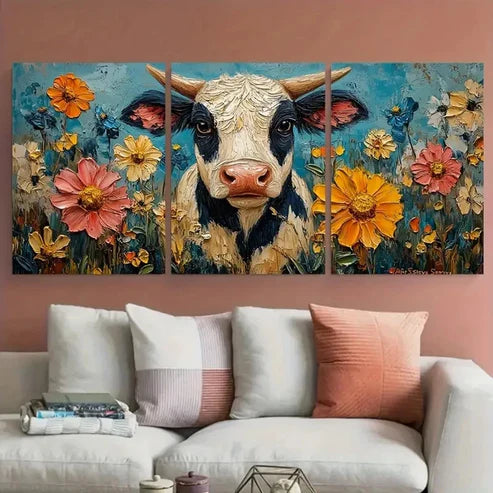 3pcs Cow Farm Animals with Florals Illustration Wall Art Canvas Unframed - High Quality Print 100% Australian Made Wall Canvas - Bella Home Decor