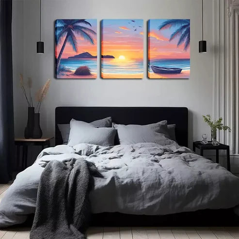 3pcs Sunset, A Boat On The Beach Wall Art Set Wall Art Canvas Unframed - High Quality Print 100% Australian Made Wall Canvas